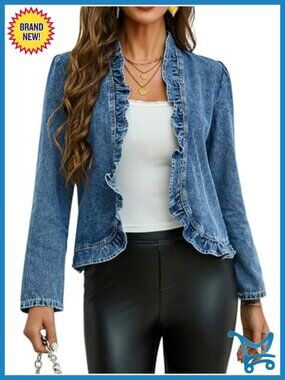 Ruffled Denim Jacket Long Sleeve Open Front Cropped Jean Coat